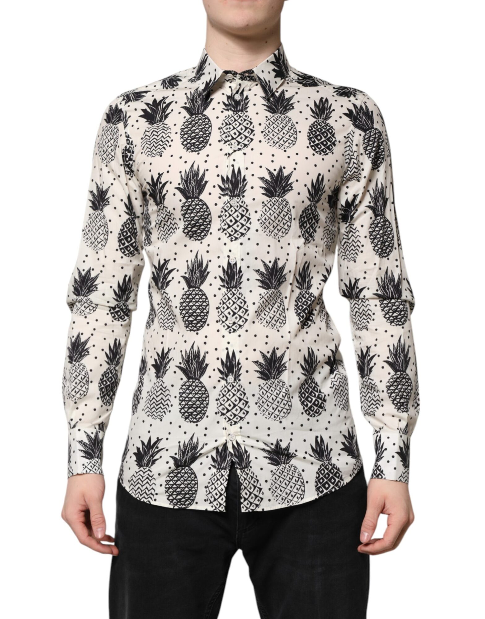 Dolce & Gabbana - White Pineapple Print Long Sleeve GOLD Shirt