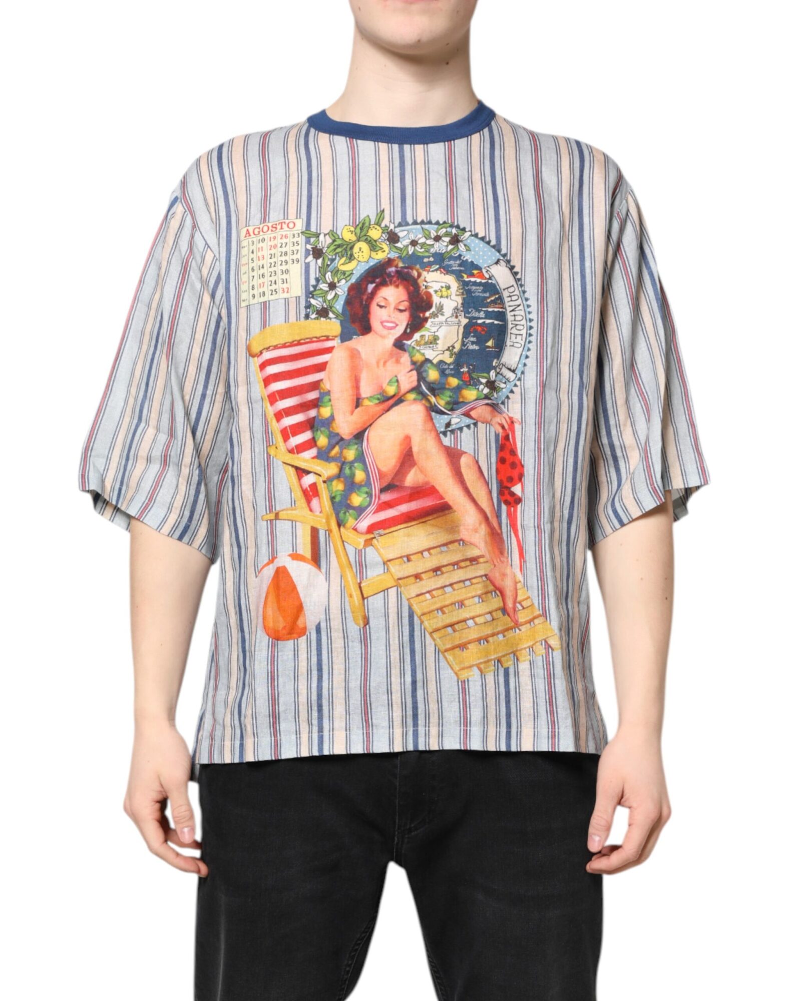 Dolce & Gabbana - Multicolor Striped Pin Up Linen Round Neck T-shirt