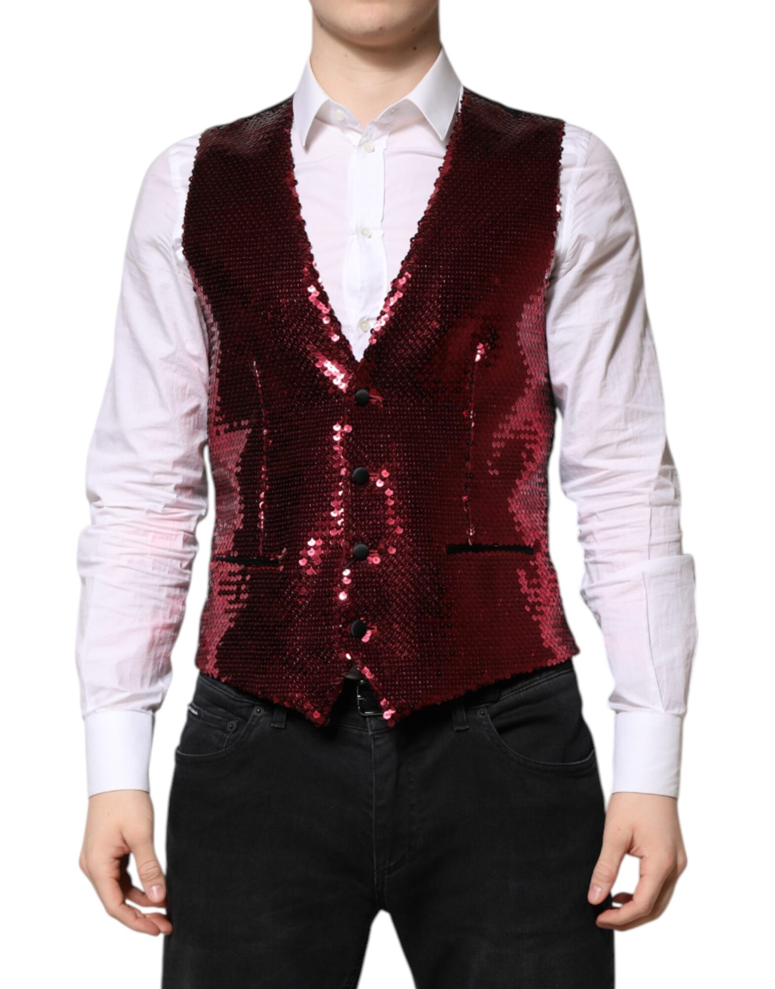 Dolce & Gabbana - Red Sequined Dress Formal Men Waistcoat Vest