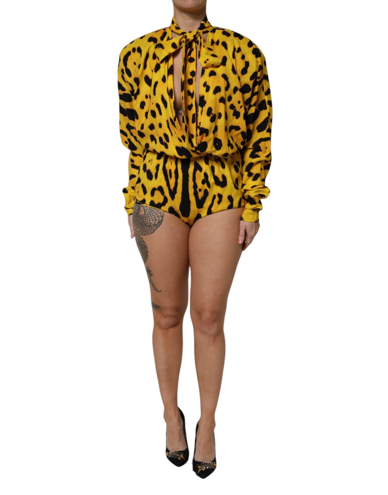 Dolce & Gabbana - Yellow Leopard Long Sleeves Jumpsuit Dress