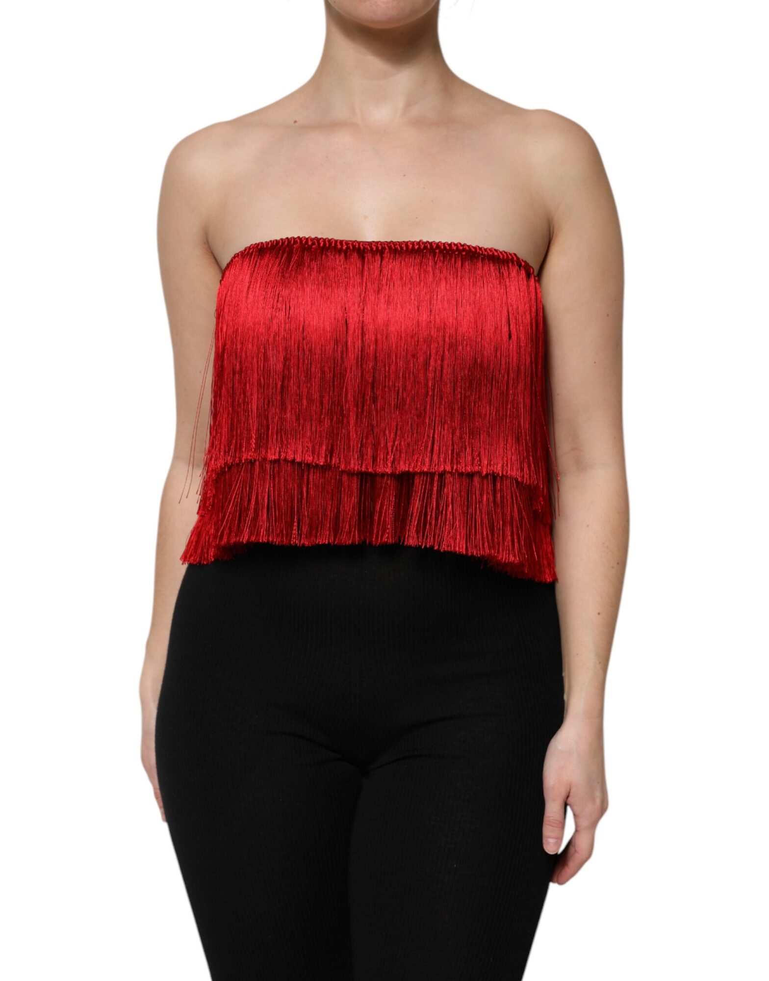 Dolce & Gabbana - Red Silk Strapless Fringe Crop Tube Top