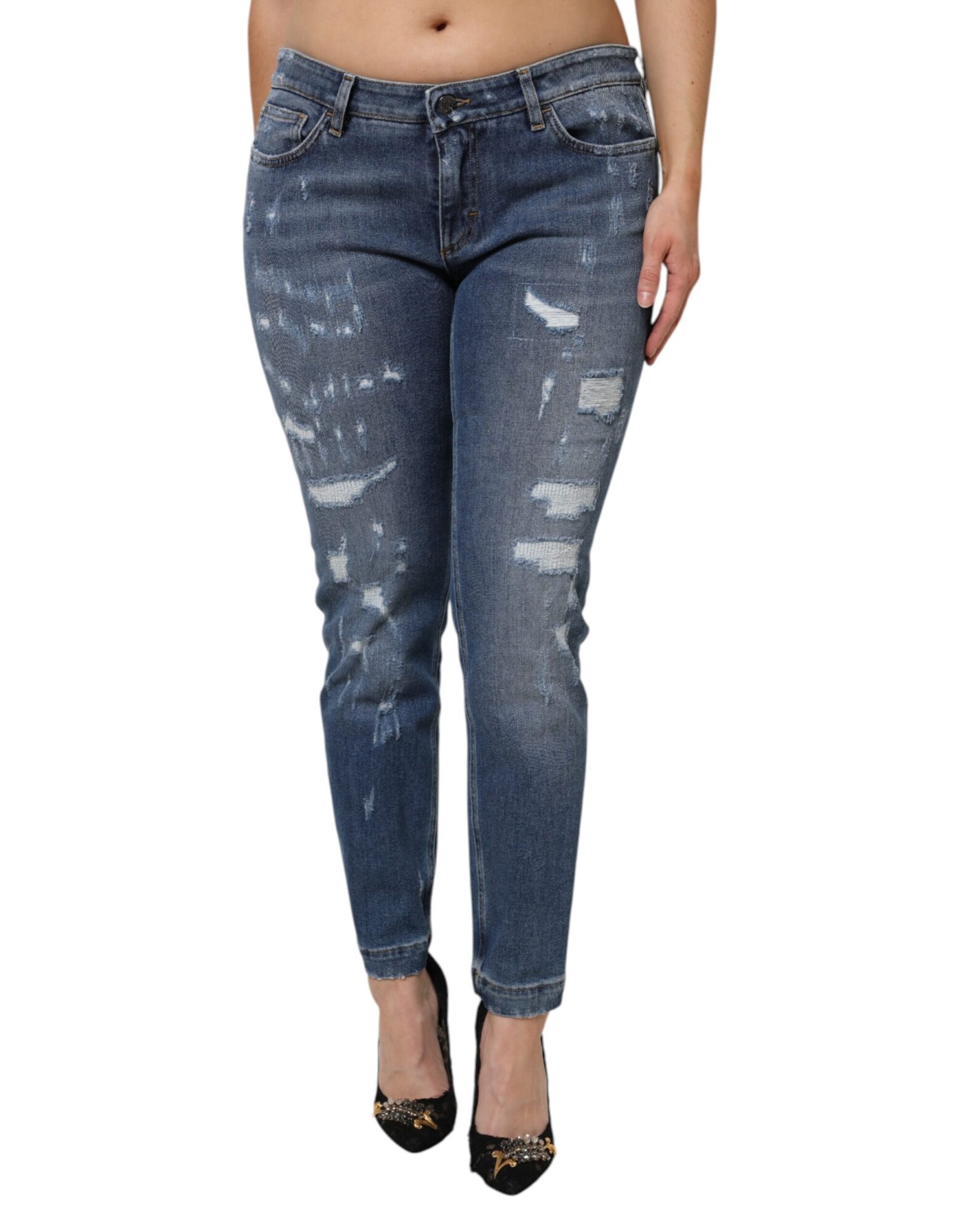 Dolce & Gabbana - Blue Tattered Cotton Low Waist Denim Jeans