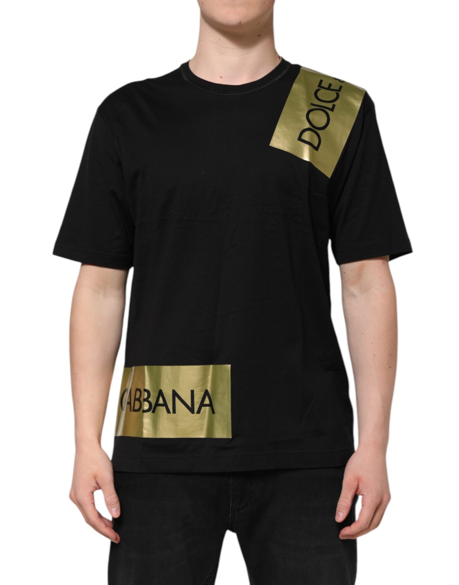 Dolce & Gabbana - Black Logo Tape Cotton Men Crew Neck T-shirt