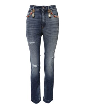 Blue Rhinestone Embellished Denim Jeans