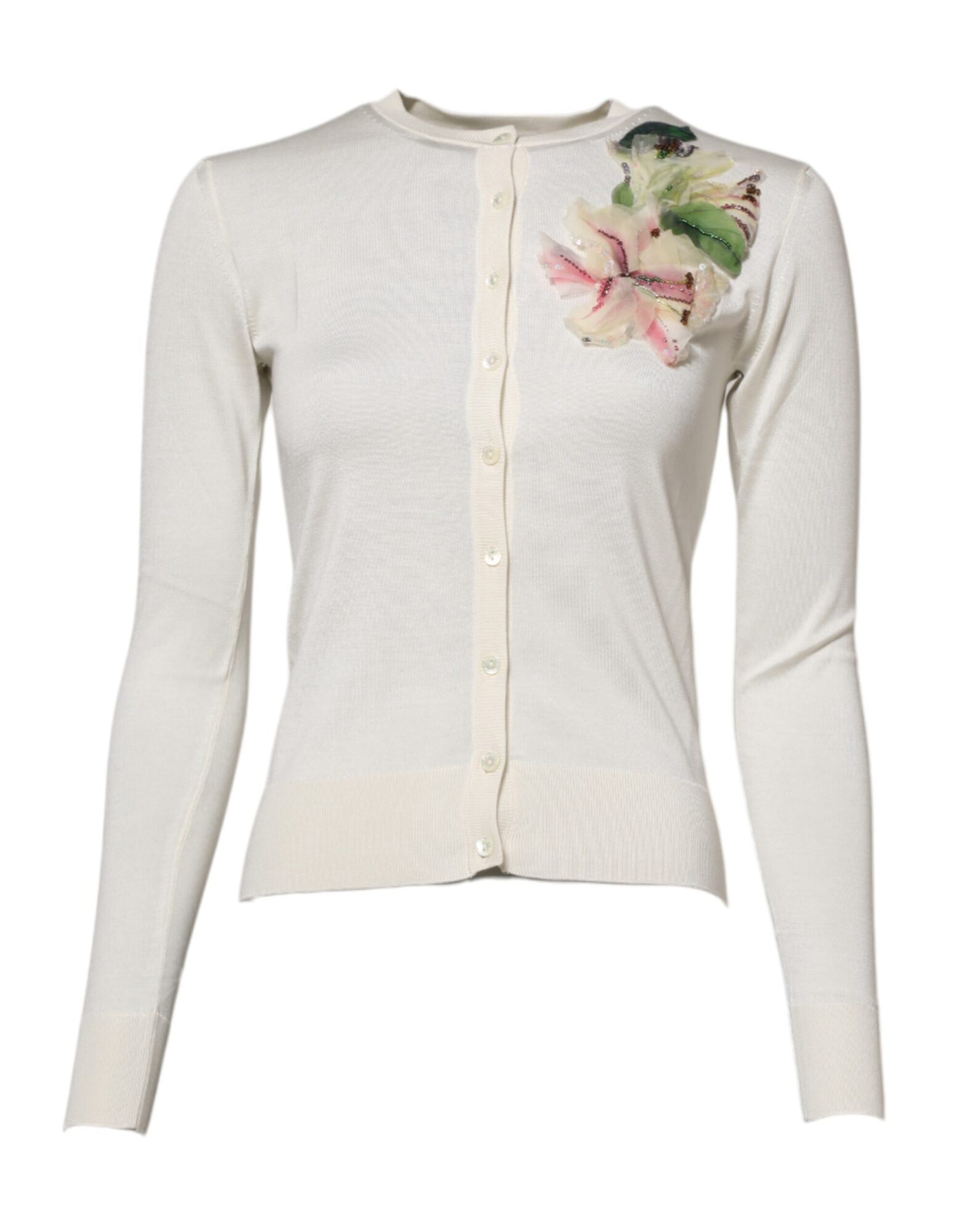 Dolce & Gabbana - White Silk Lily Embellished Cardigan Sweater