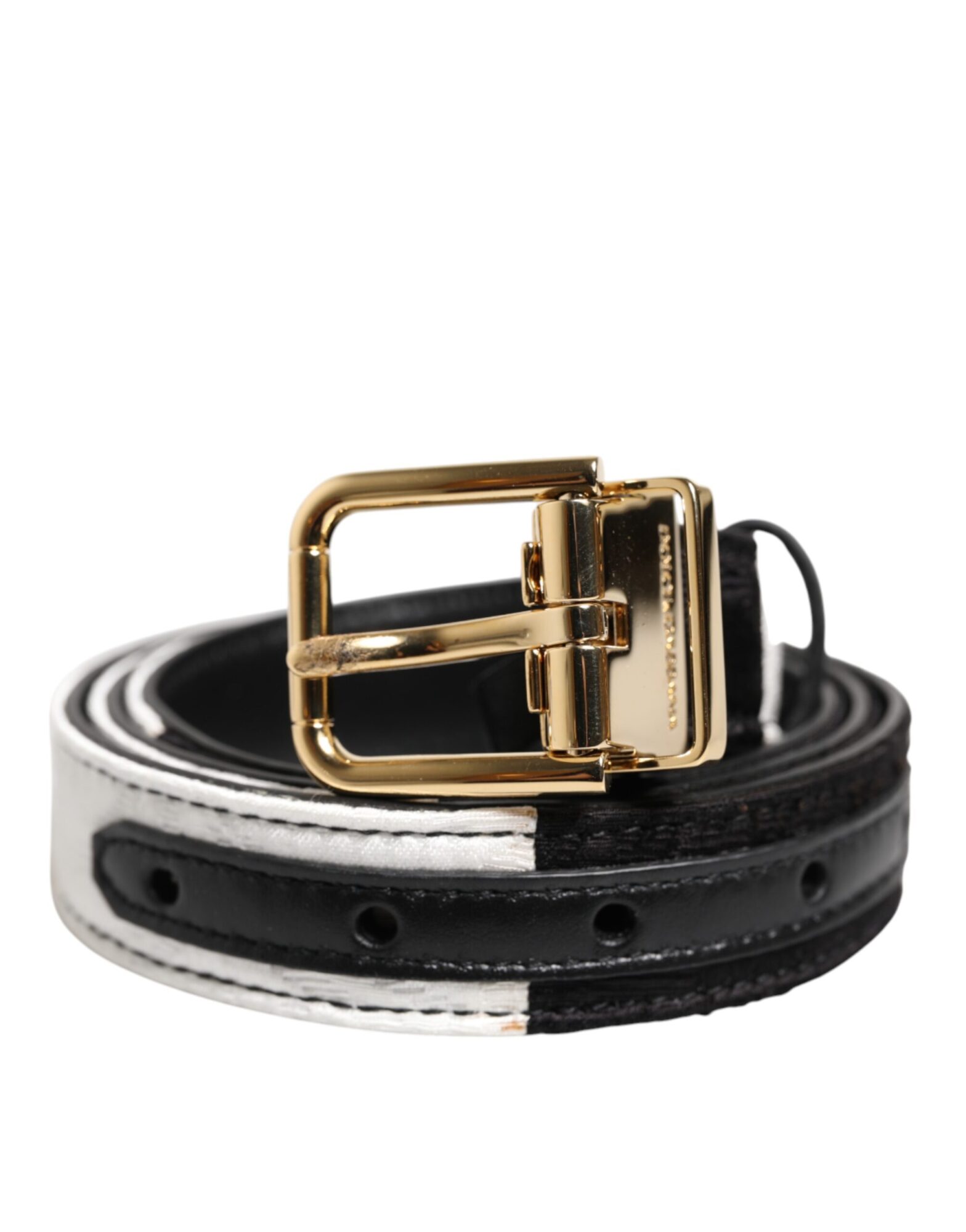 Dolce & Gabbana - Black White Patchwork Gold Metal Buckle Belt