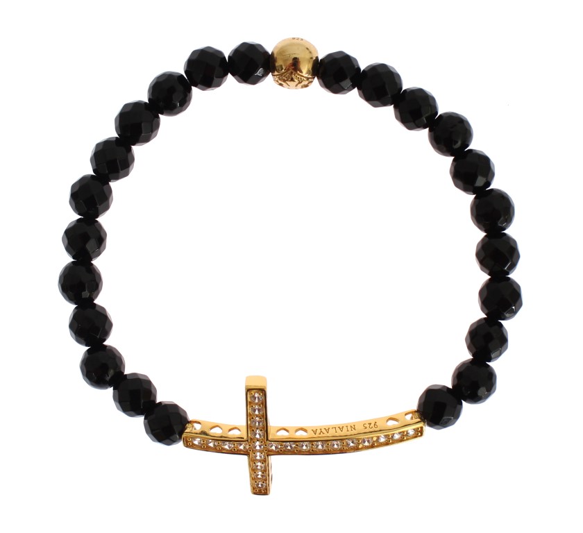 Nialaya - Agate Stone Gold CZ Cross 925 Silver Bracelet