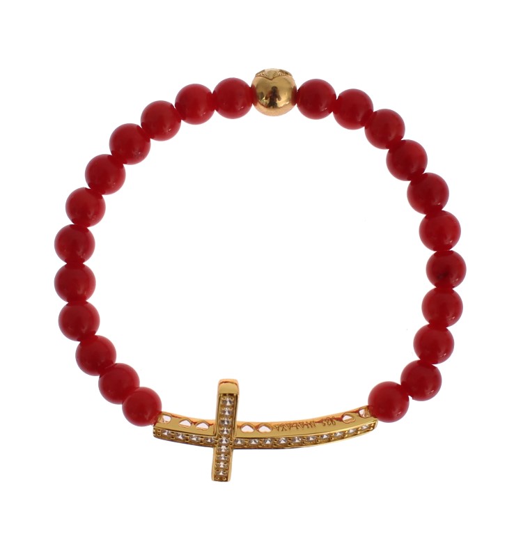 Nialaya - Red Coral Gold CZ Cross 925 Silver Bracelet