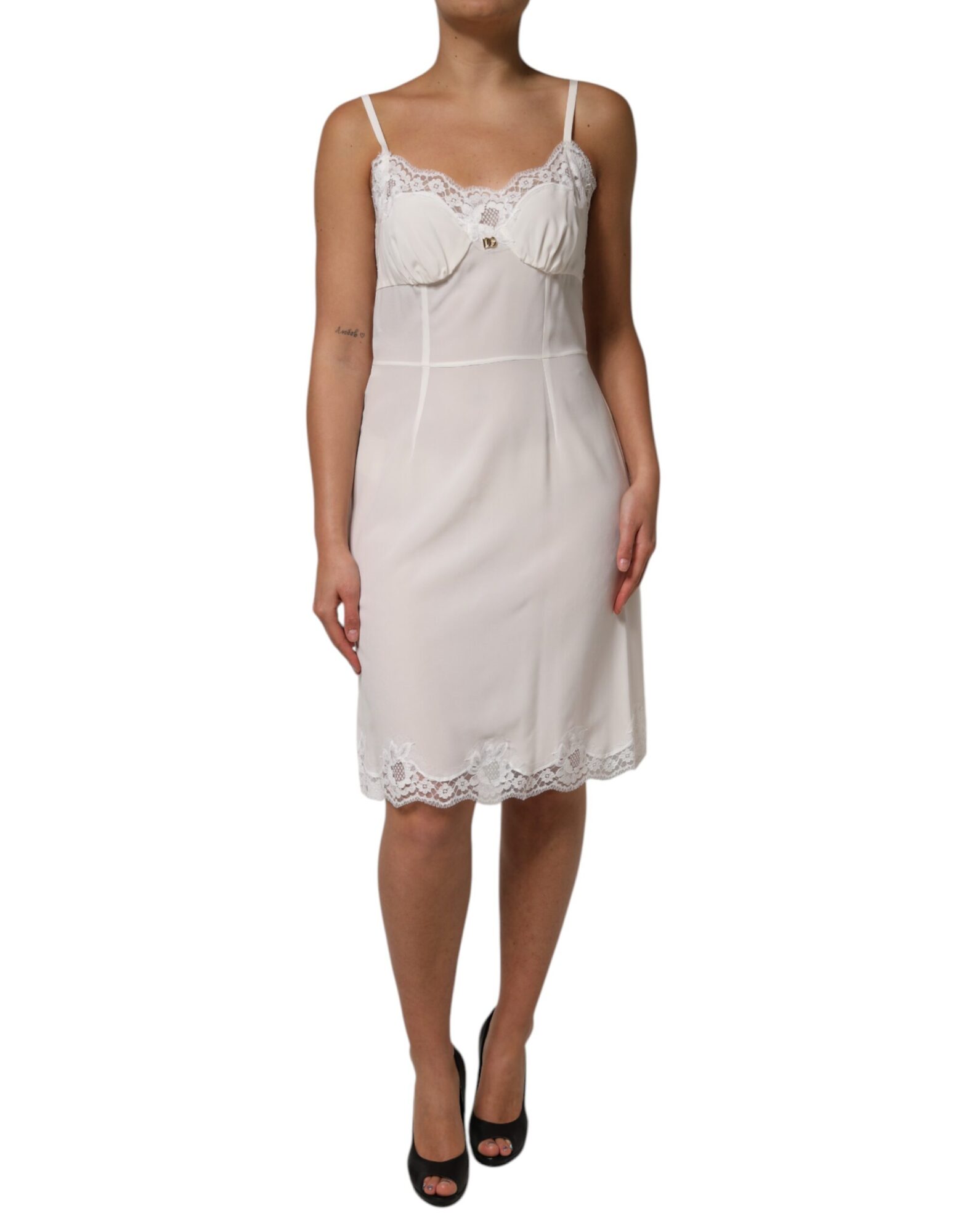 Dolce & Gabbana - White Lace Gold DG Logo Silk Dress Sleepwear