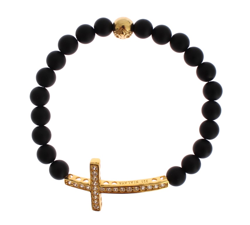 Nialaya - Matte Onyx Stone Gold CZ Cross 925 Silver Bracelet