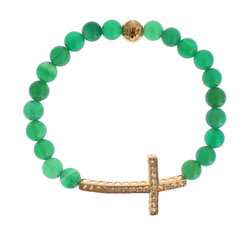 Nialaya - Jade Stone Gold CZ Cross 925 Silver Bracelet