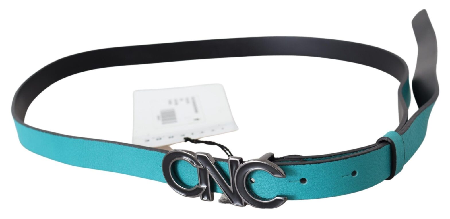 Costume National - Blue Green Leather Logo Silver Buckle Belt