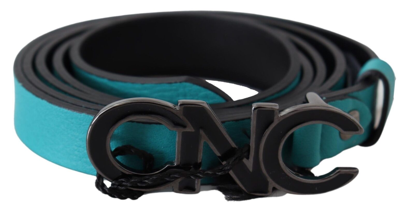 Costume National - Blue Green Leather Logo Silver Buckle Belt