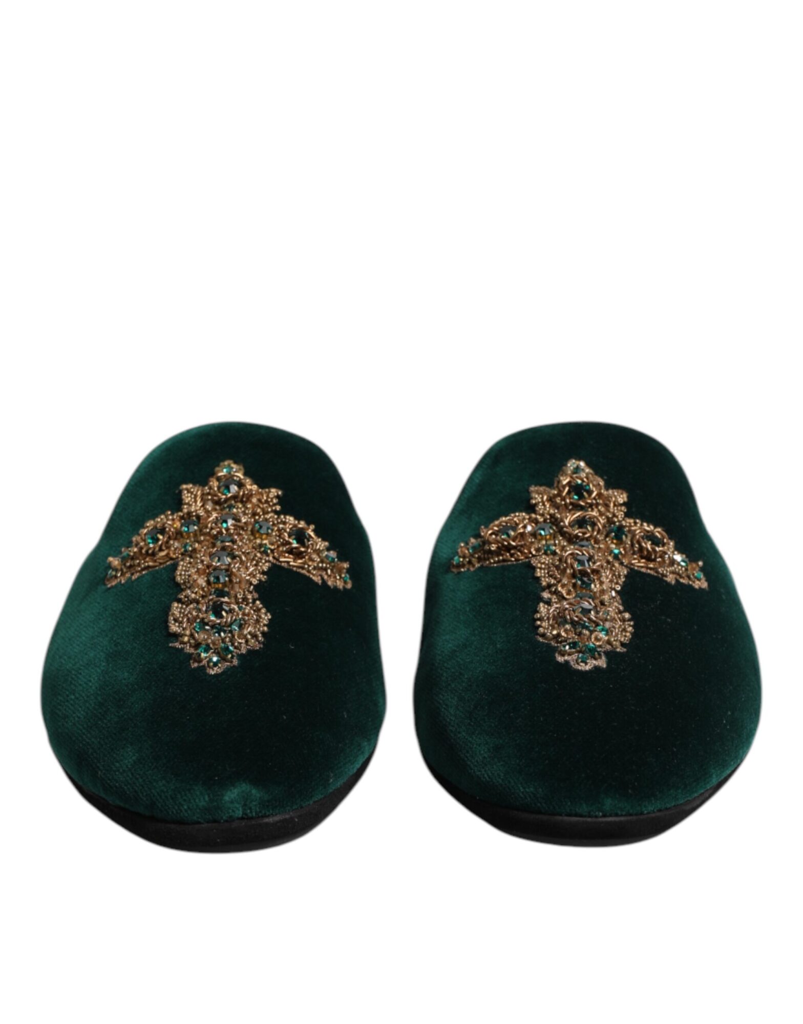 Dolce & Gabbana - Green Velvet Cross Embellished Slippers Shoes