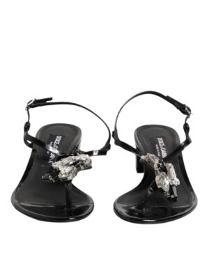 Black Leather Crystal Ankle Strap Sandals Shoes