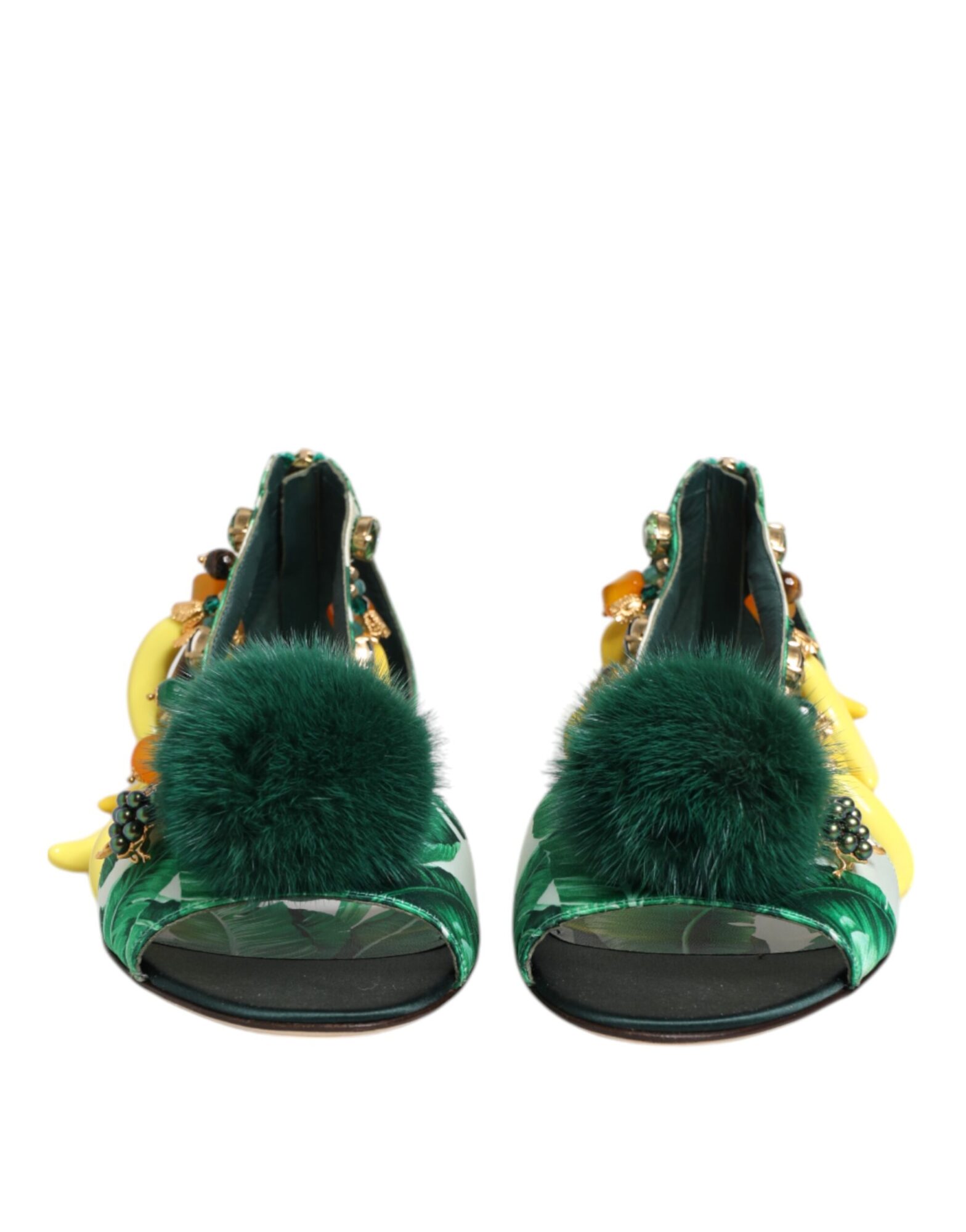 Dolce & Gabbana - Green Mink Fur Satin Banana Leaf Sandals Shoes