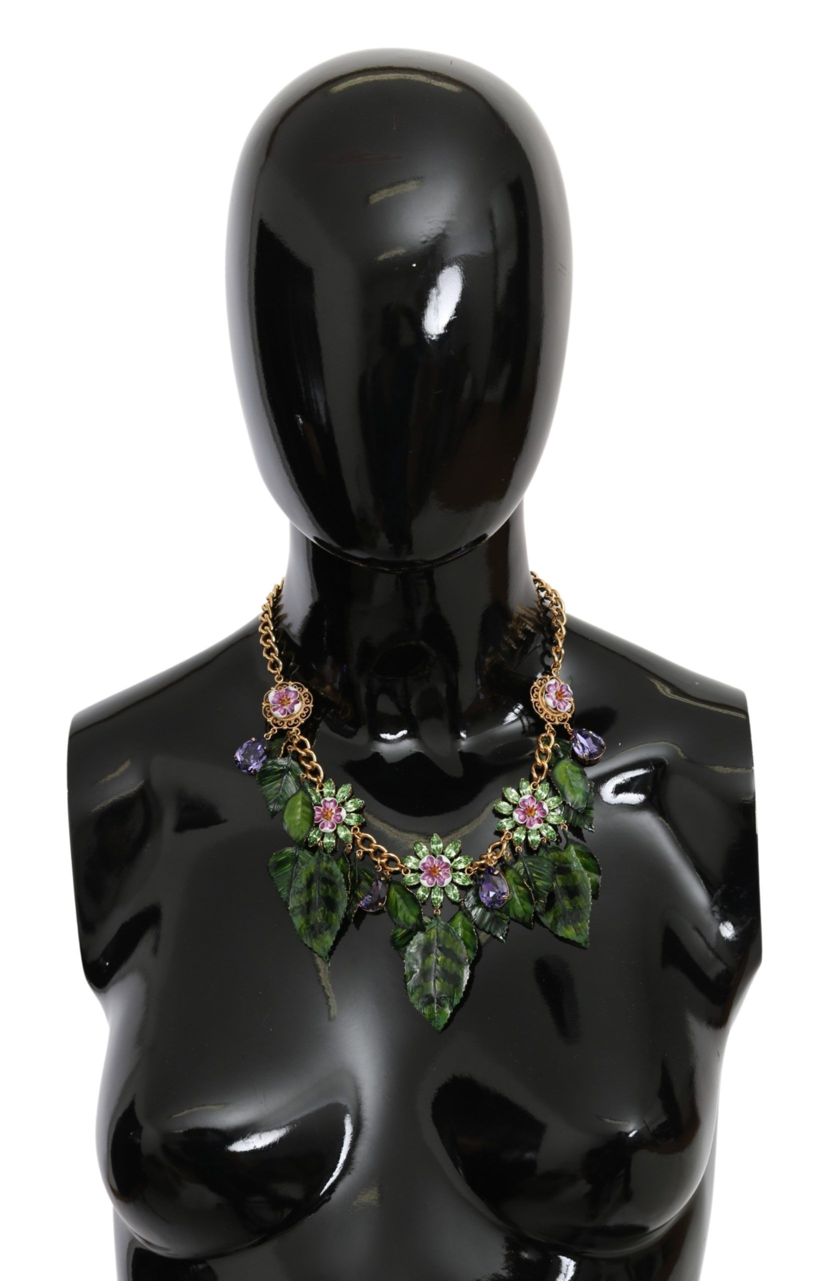 Dolce & Gabbana - Green Leaves Gold Brass Crystal Flower Pendant Necklace