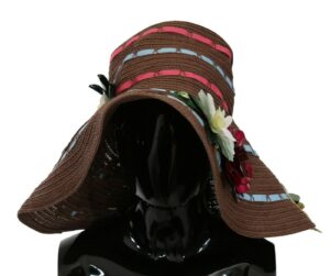 Brown Knitted Straw Floral Hat