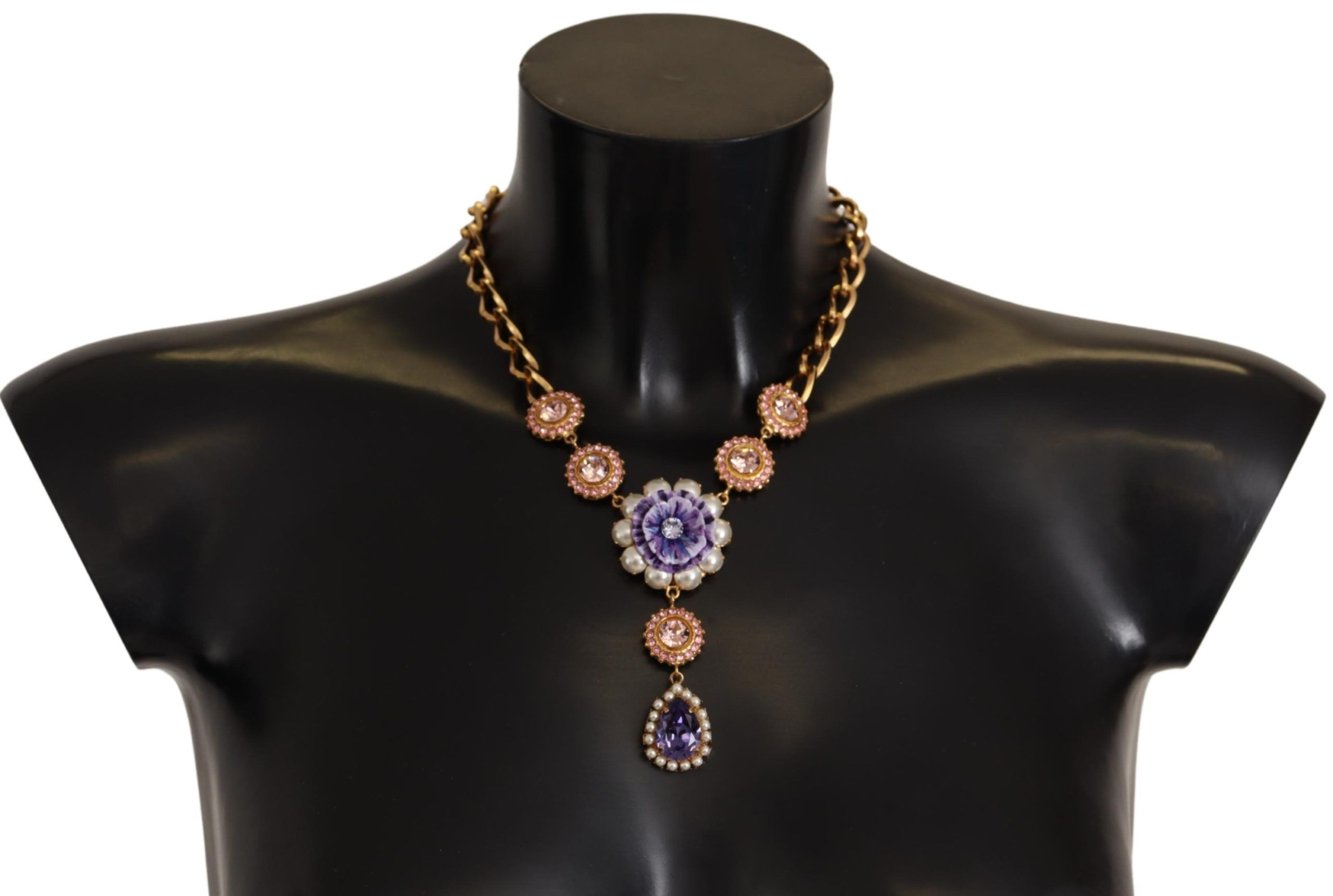 Dolce & Gabbana - Gold Brass Crystal Purple Pink Pearl Pendants Necklace