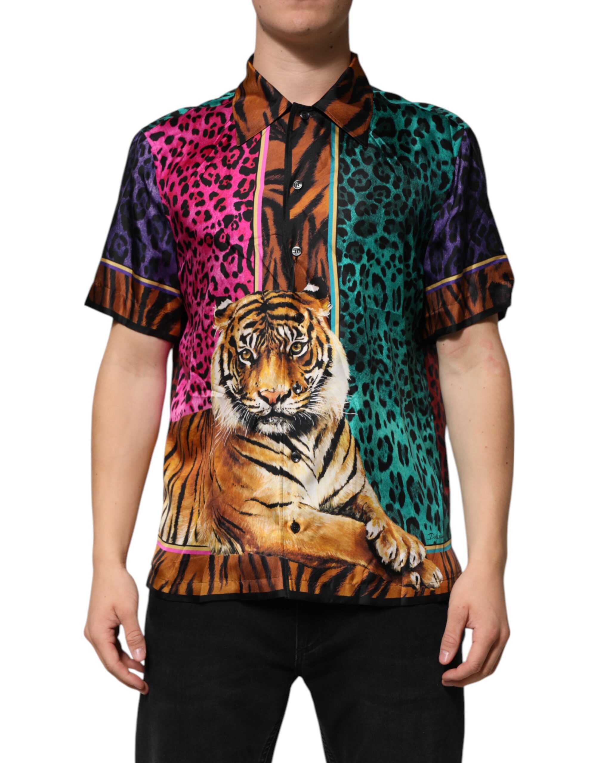 Dolce & Gabbana - Multicolor Silk Tiger Print Hawaiian T-shirt
