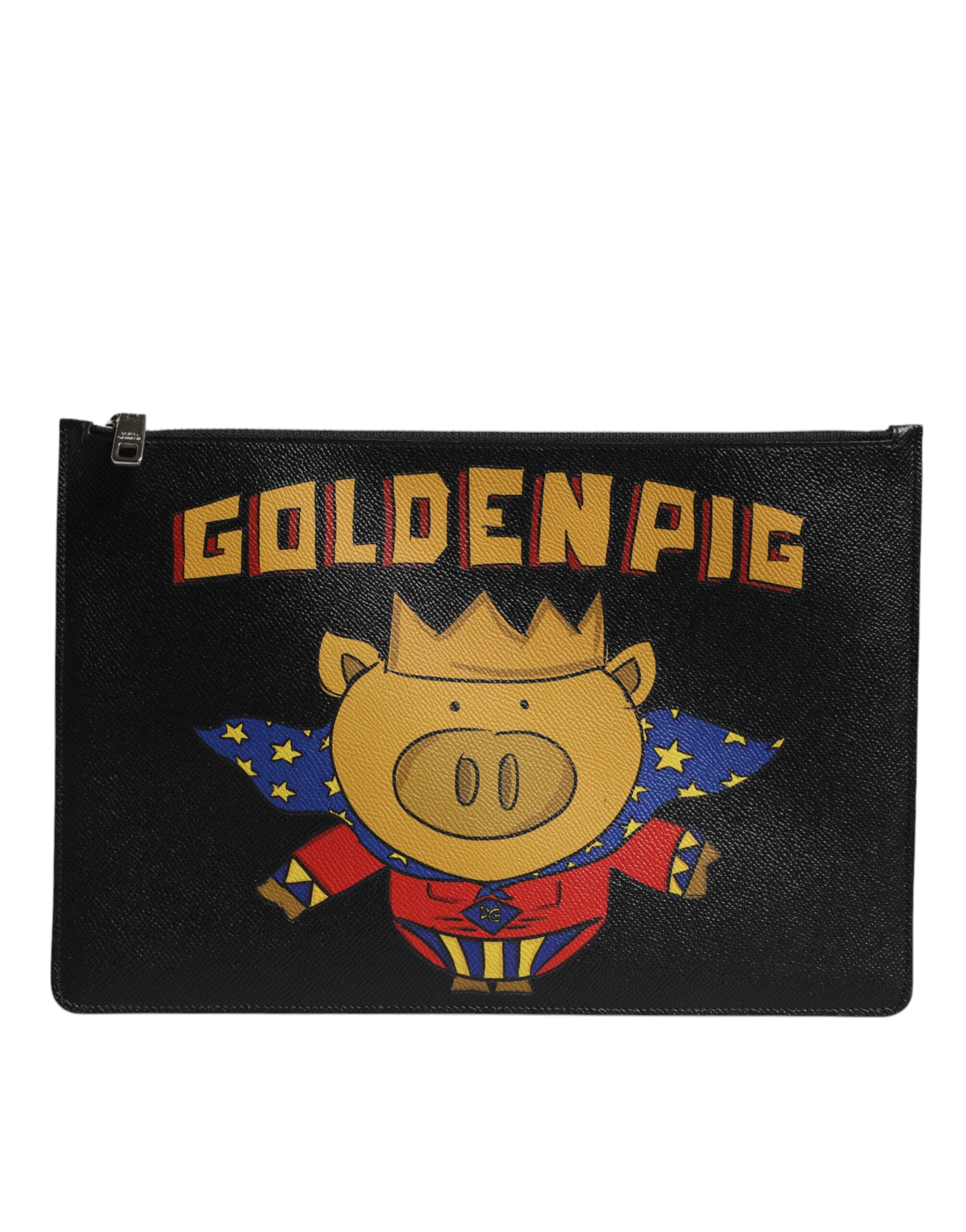Dolce & Gabbana - Black Leather Golden Pig Print Men Clutch Pouch Borse Bag