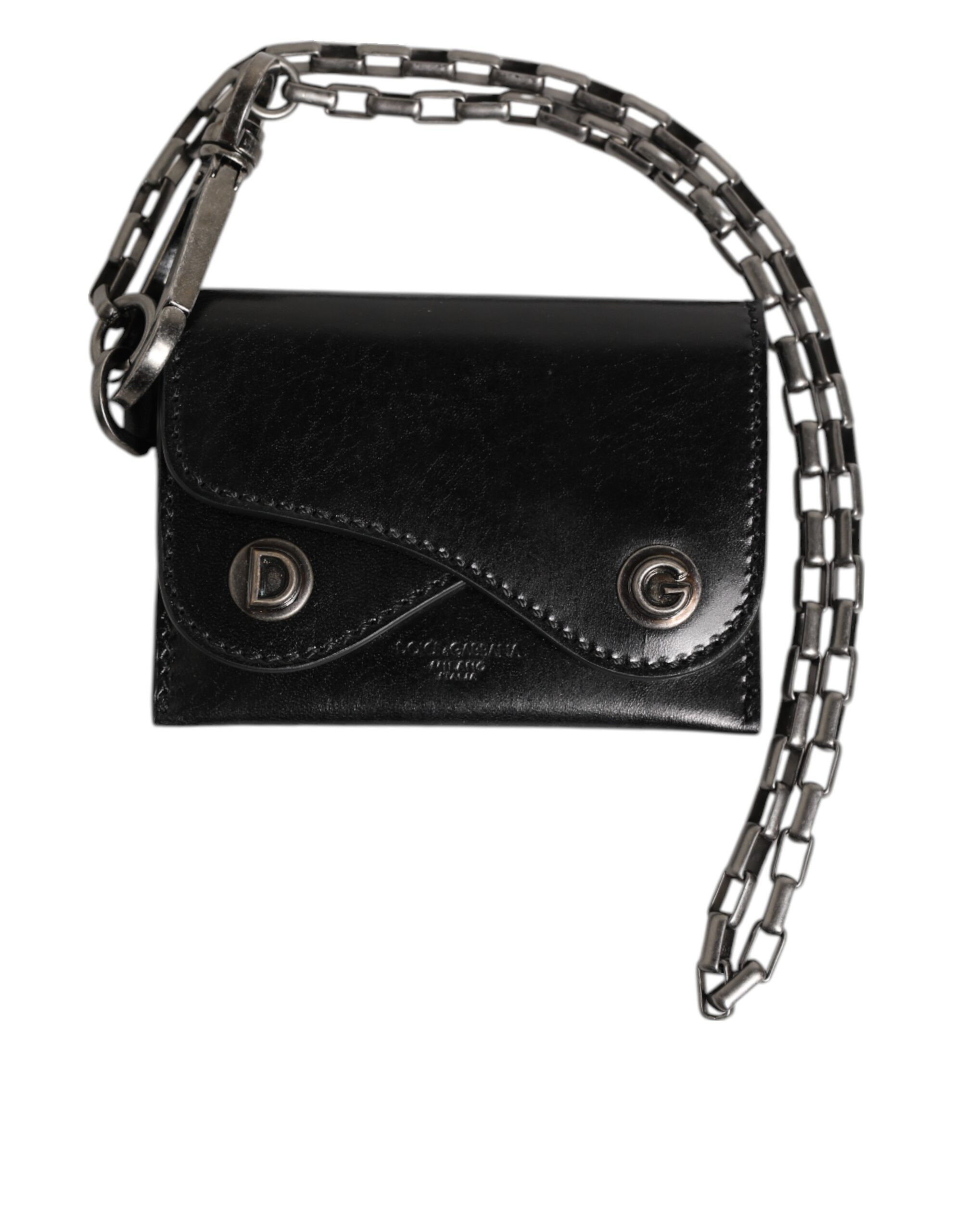 Dolce & Gabbana - Black Cavallo Leather Wallet Chain Snap Bifold Card Holder