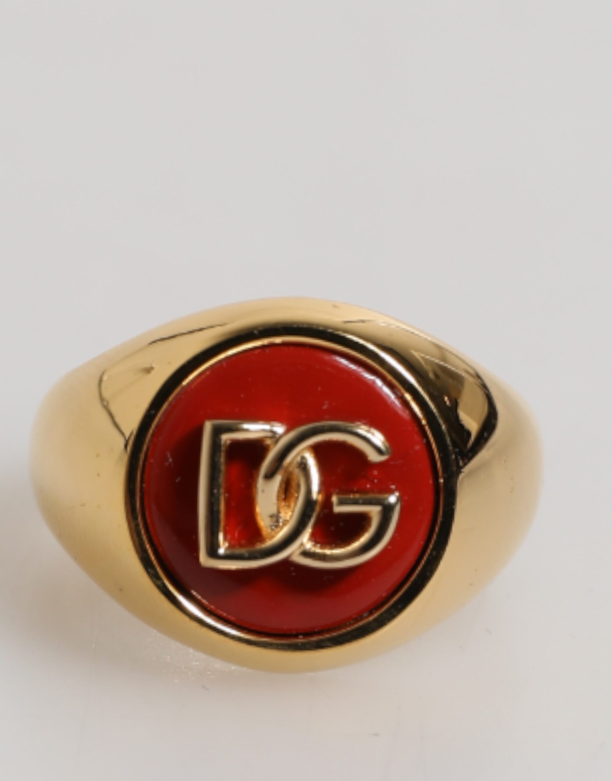 Dolce & Gabbana - Gold Tone Real Brass Round Red DG Logo Men Ring