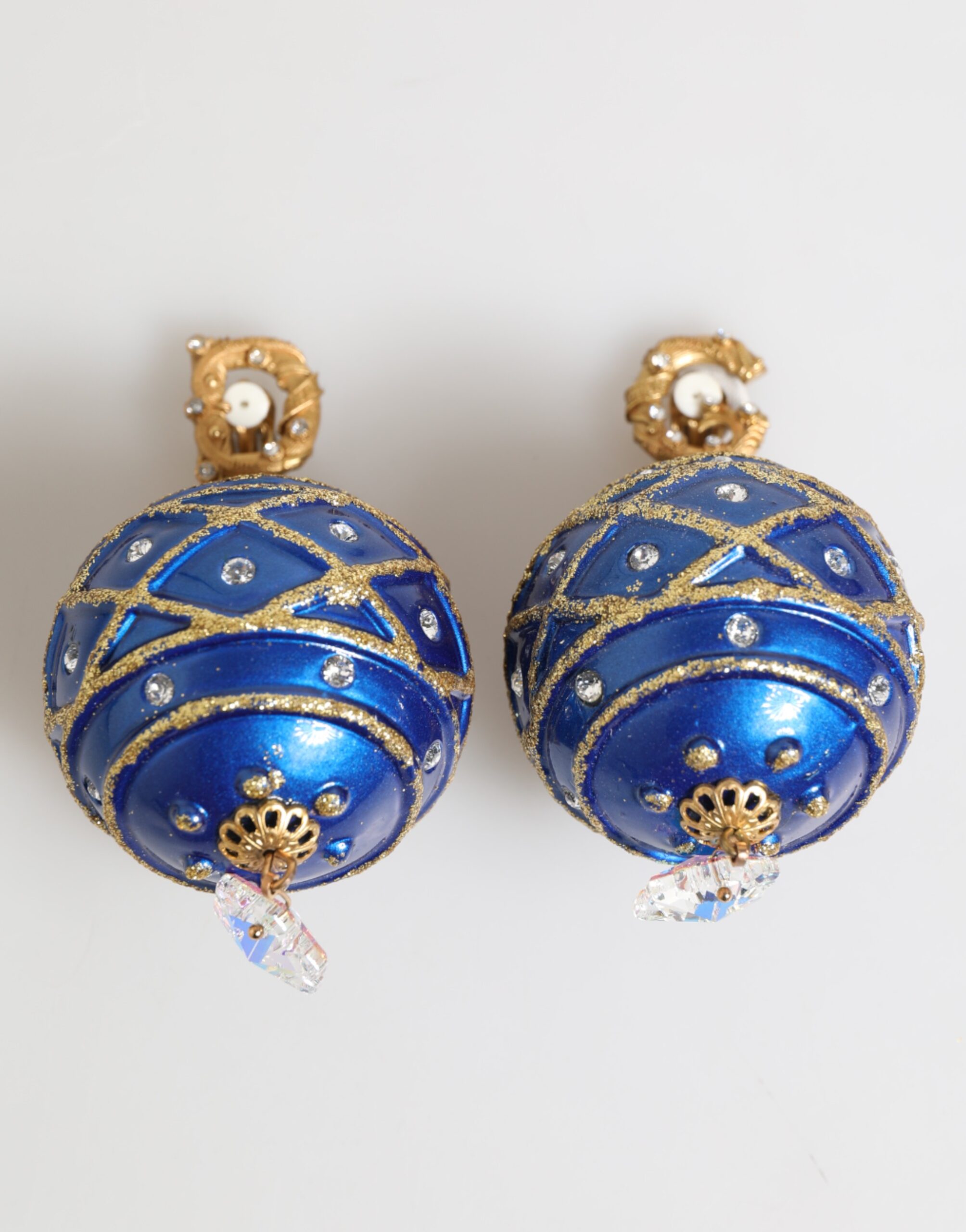 Dolce & Gabbana - Gold Brass Blue Christmas Ball Crystal Drop Clip On Earrings