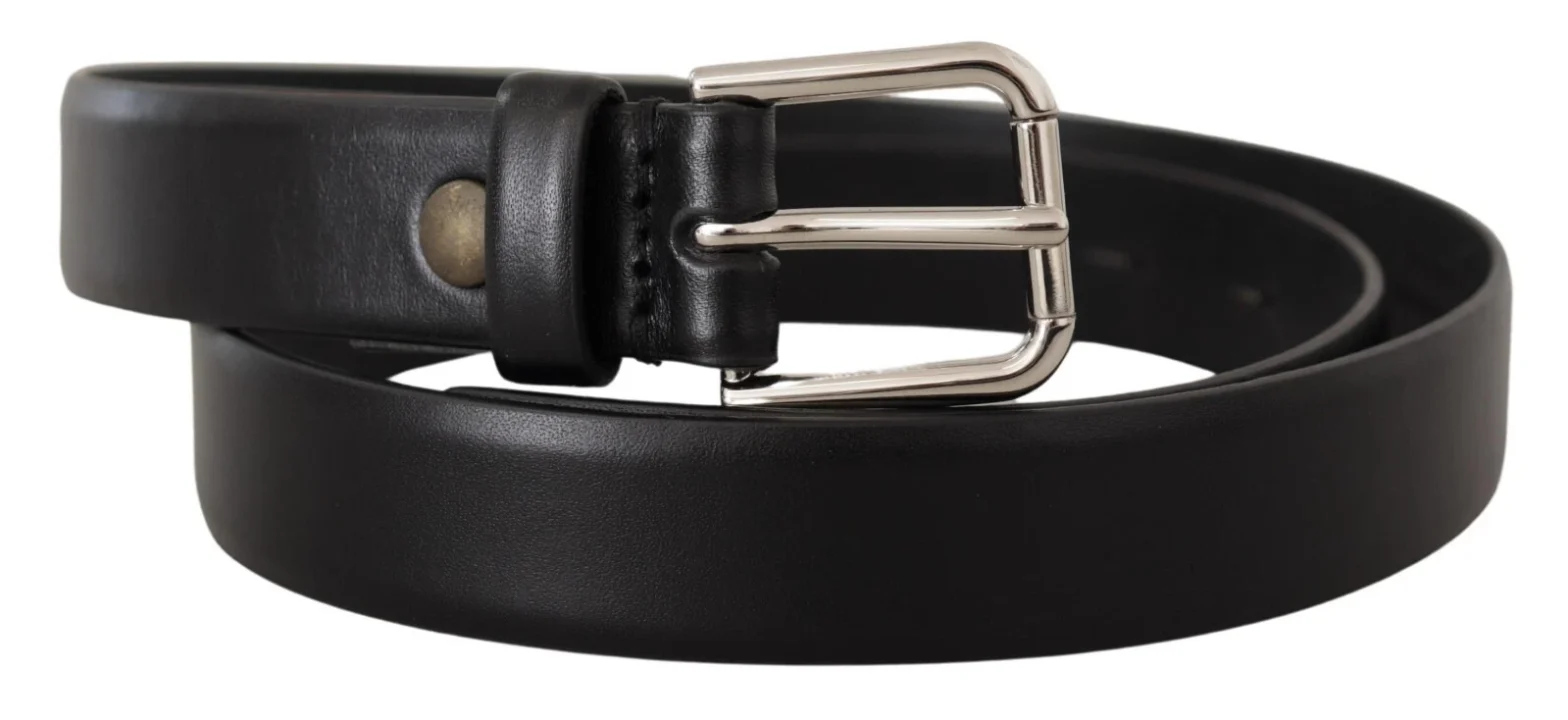 Dolce & Gabbana - Black Calf Leather Silver Tone Logo Buckle Belt