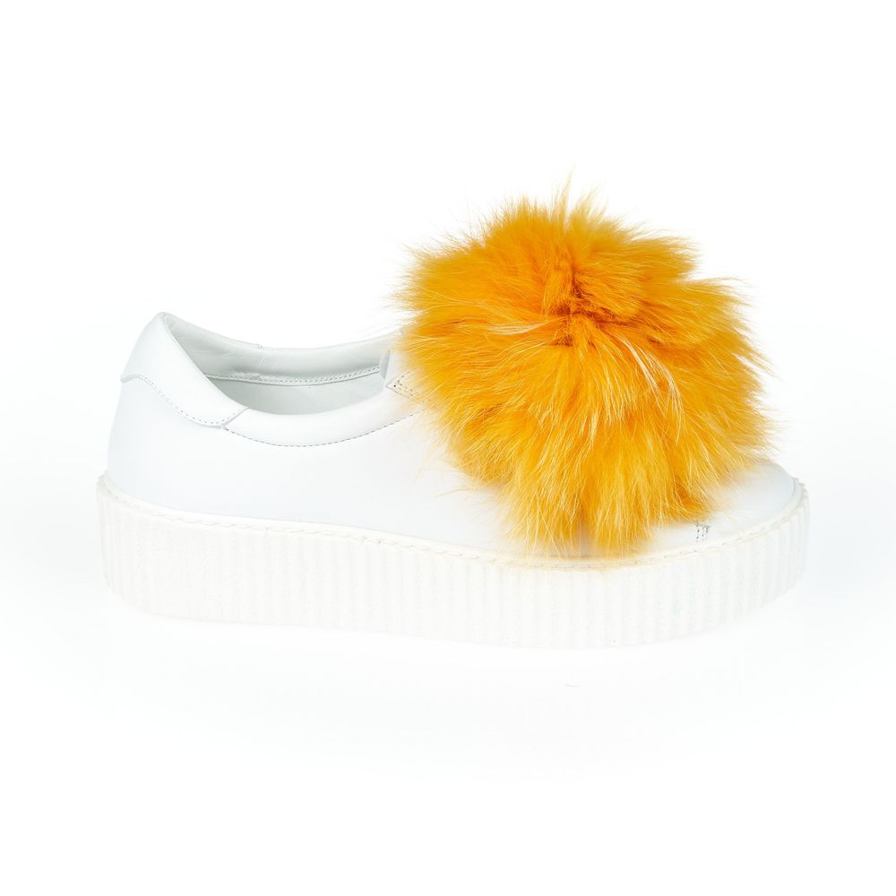 Mr&Mrs Italy - White Textile Women Sneaker with Fur Pom Poms