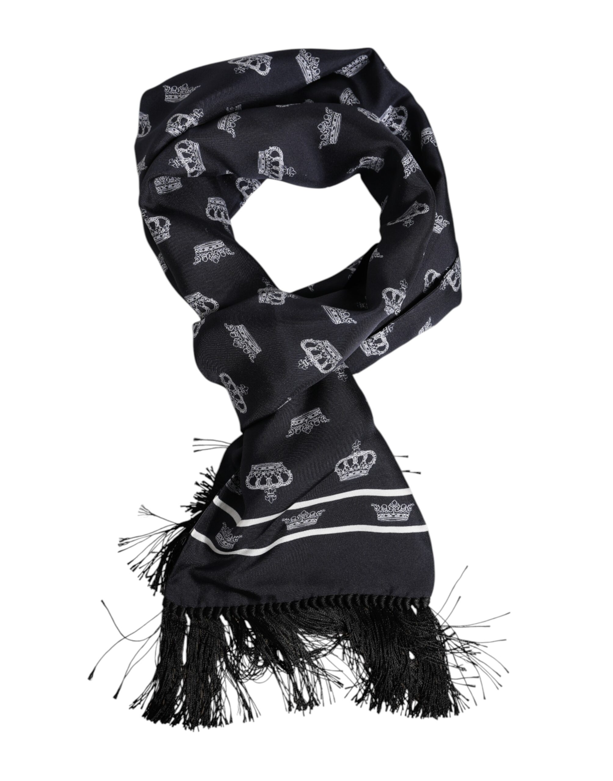 Dolce & Gabbana - Black Silk Crown Fringes Men Foulard Scarf