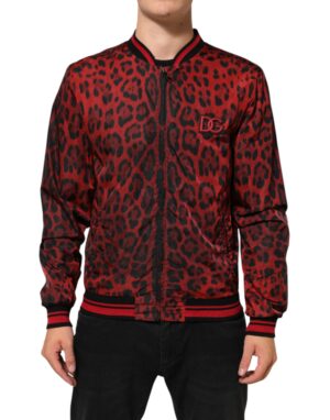 Red Leopard Print Full Zip Bomber Men Jacket