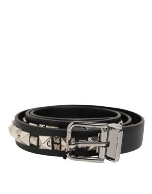 Black Leather Studded Silver-Tone Buckle Belt