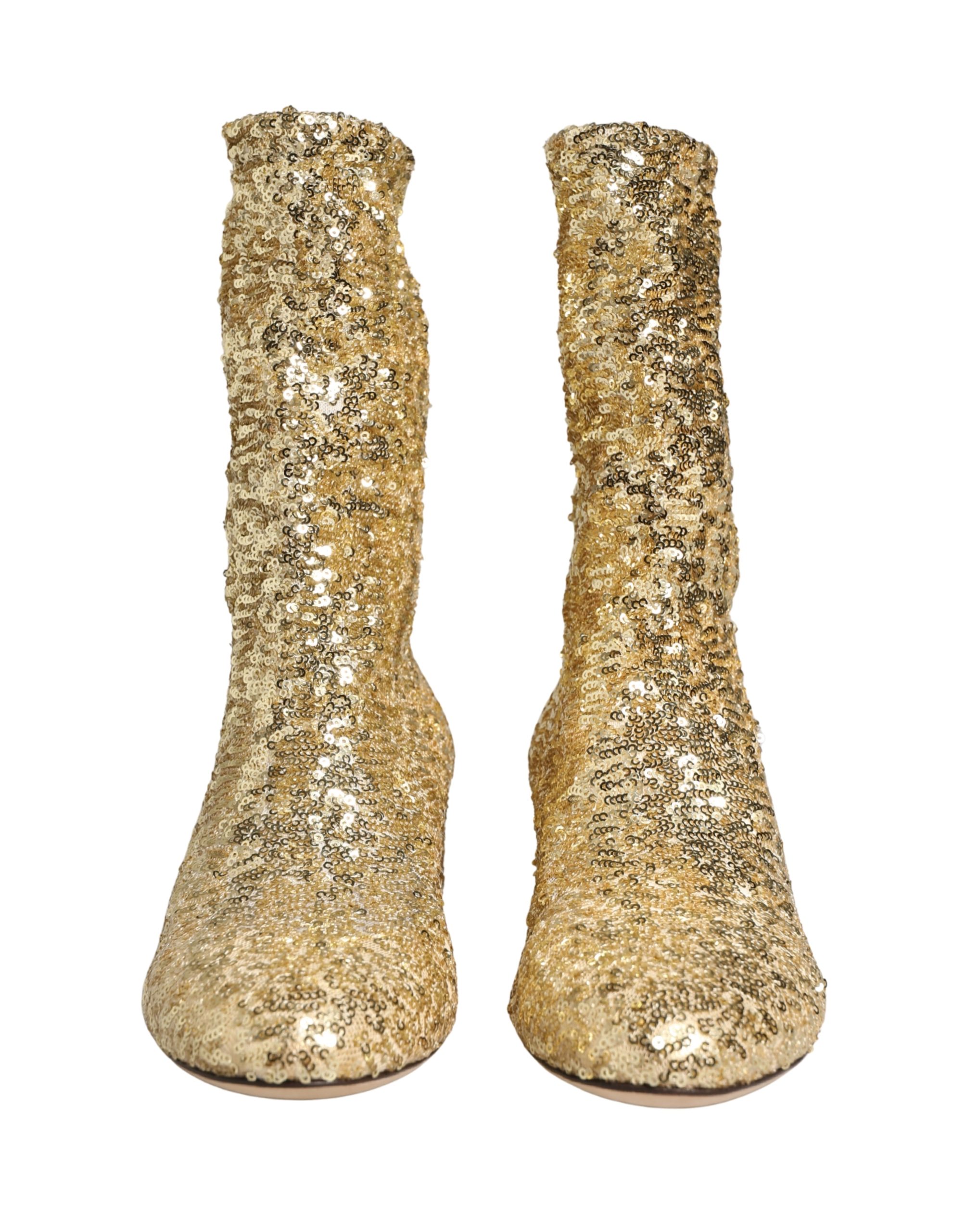 Dolce & Gabbana - Gold Sequined Short Boots Stretch Shoes
