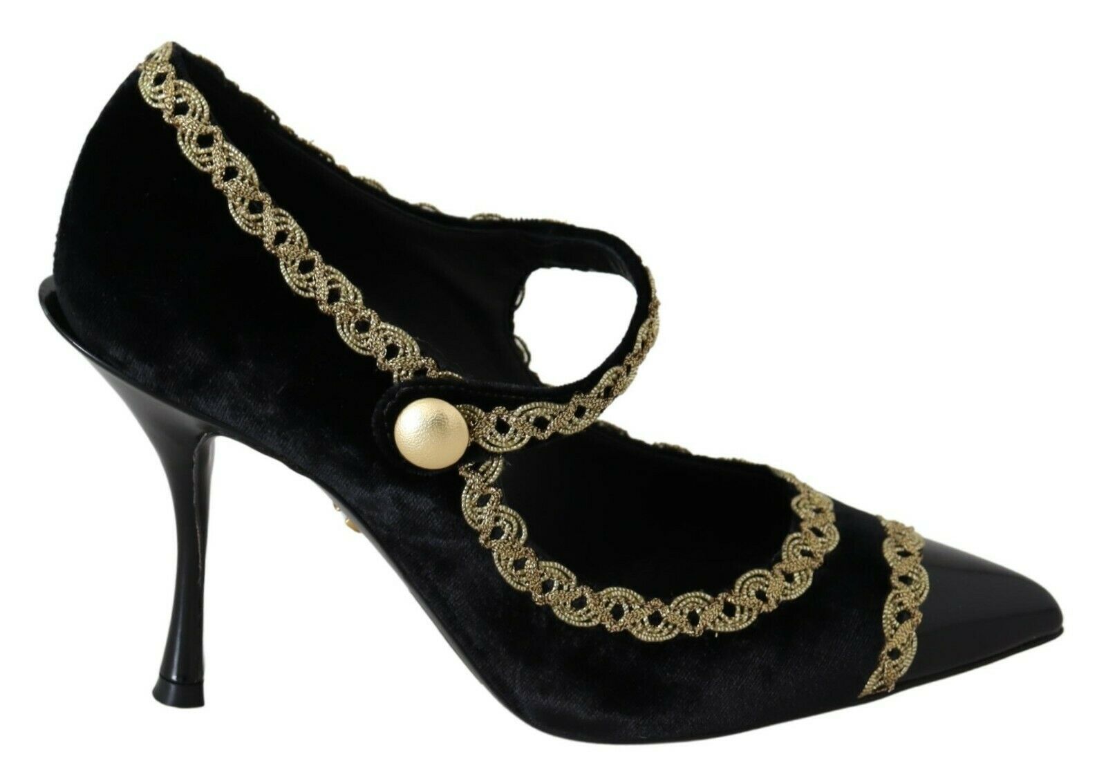 Dolce & Gabbana - Black Embellished Velvet Mary Jane Pumps Shoes