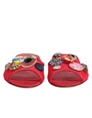 Red Embellished Flats Slip On Sandals Shoes