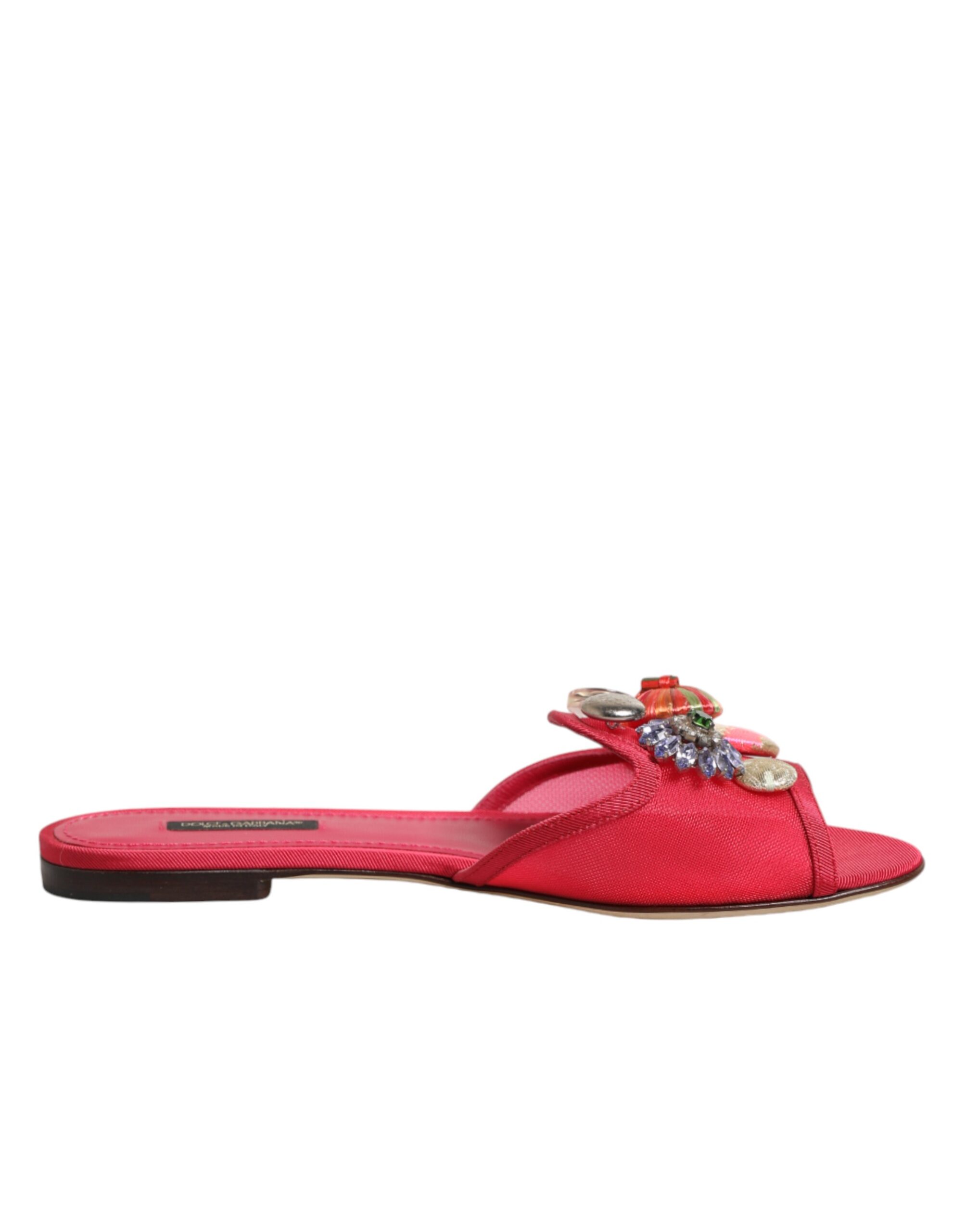 Dolce & Gabbana - Red Embellished Flats Slip On Sandals Shoes