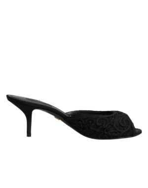 Black Embroidered Slip On Heels Slides Shoes