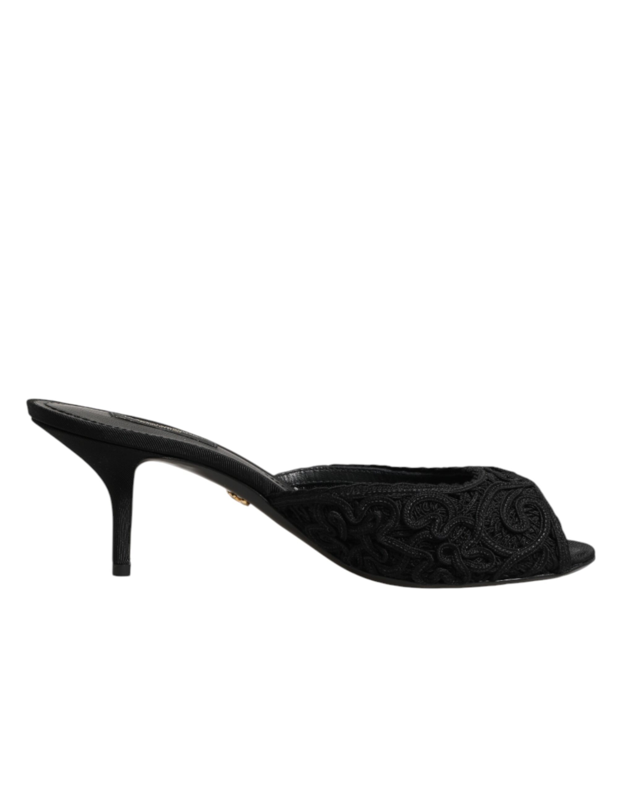 Dolce & Gabbana - Black Embroidered Slip On Heels Slides Shoes