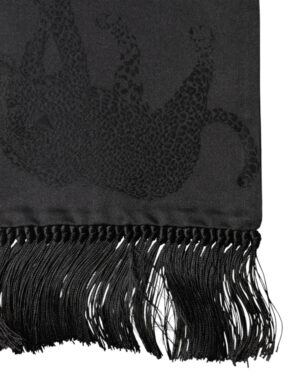 Black Satin Silk Fringes Neck Foulard Scarf