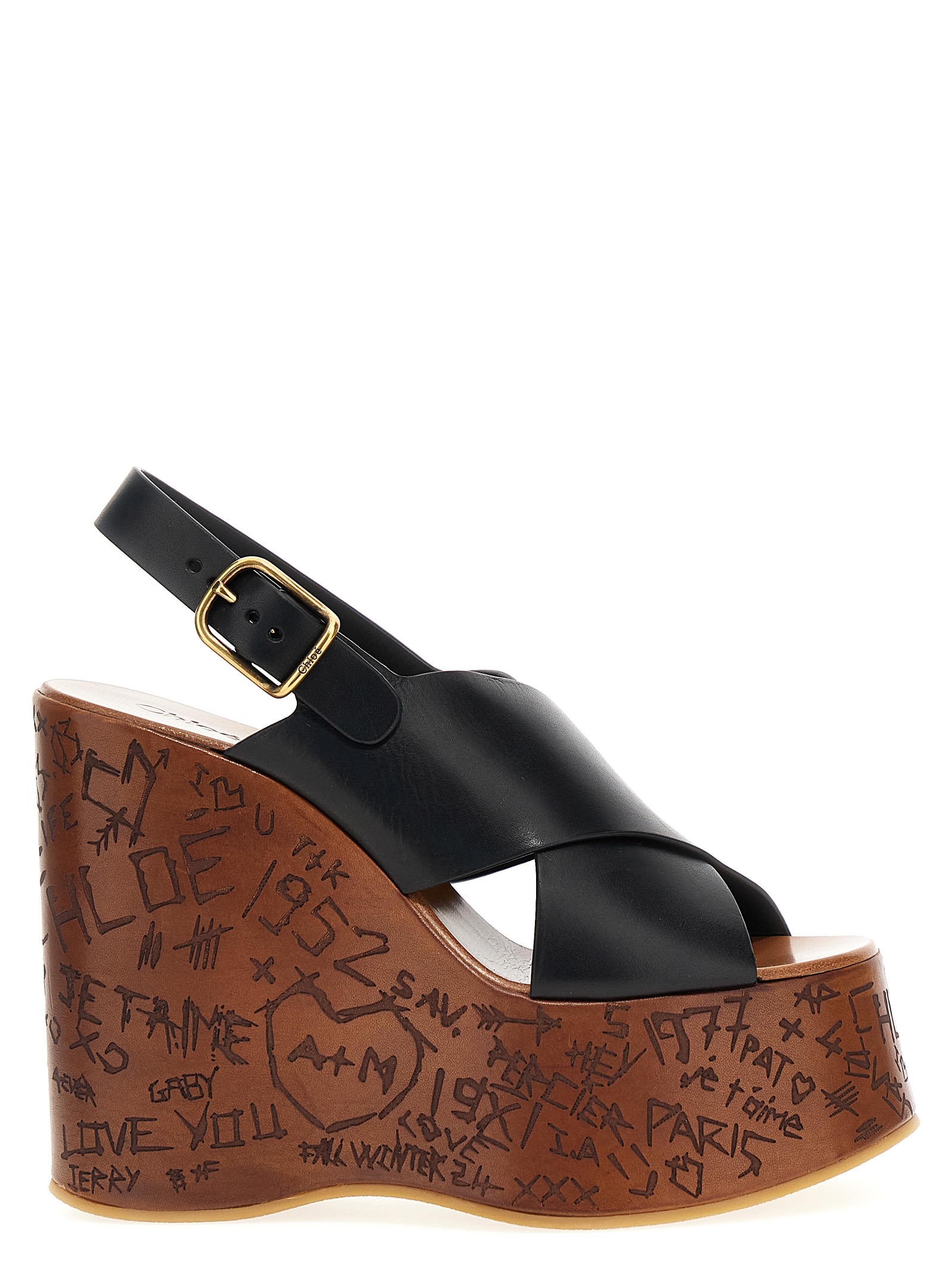 Chloé - Black Calfskin Wedge Sandals