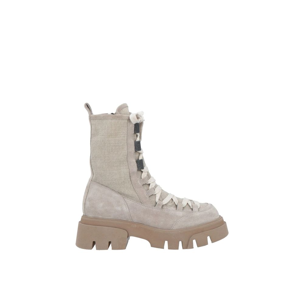Brunello Cucinelli - Beige Leather Lace-Up Boots