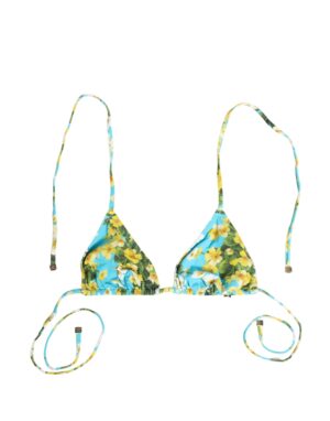Blue Floral Print Nylon Halter Bikini Top Swimwear