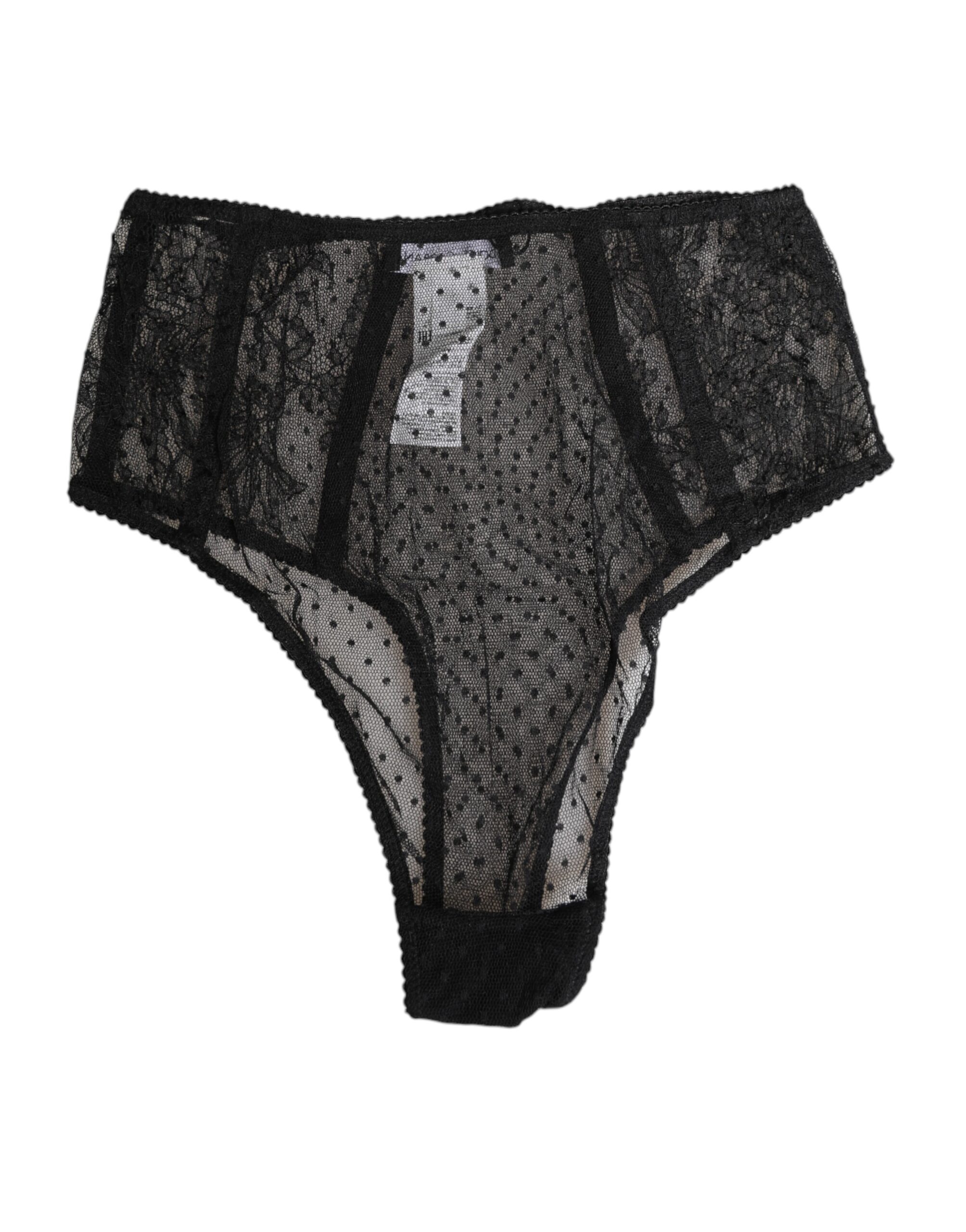 Dolce & Gabbana - Black Lace Polka Dot Mesh High Waist Underwear