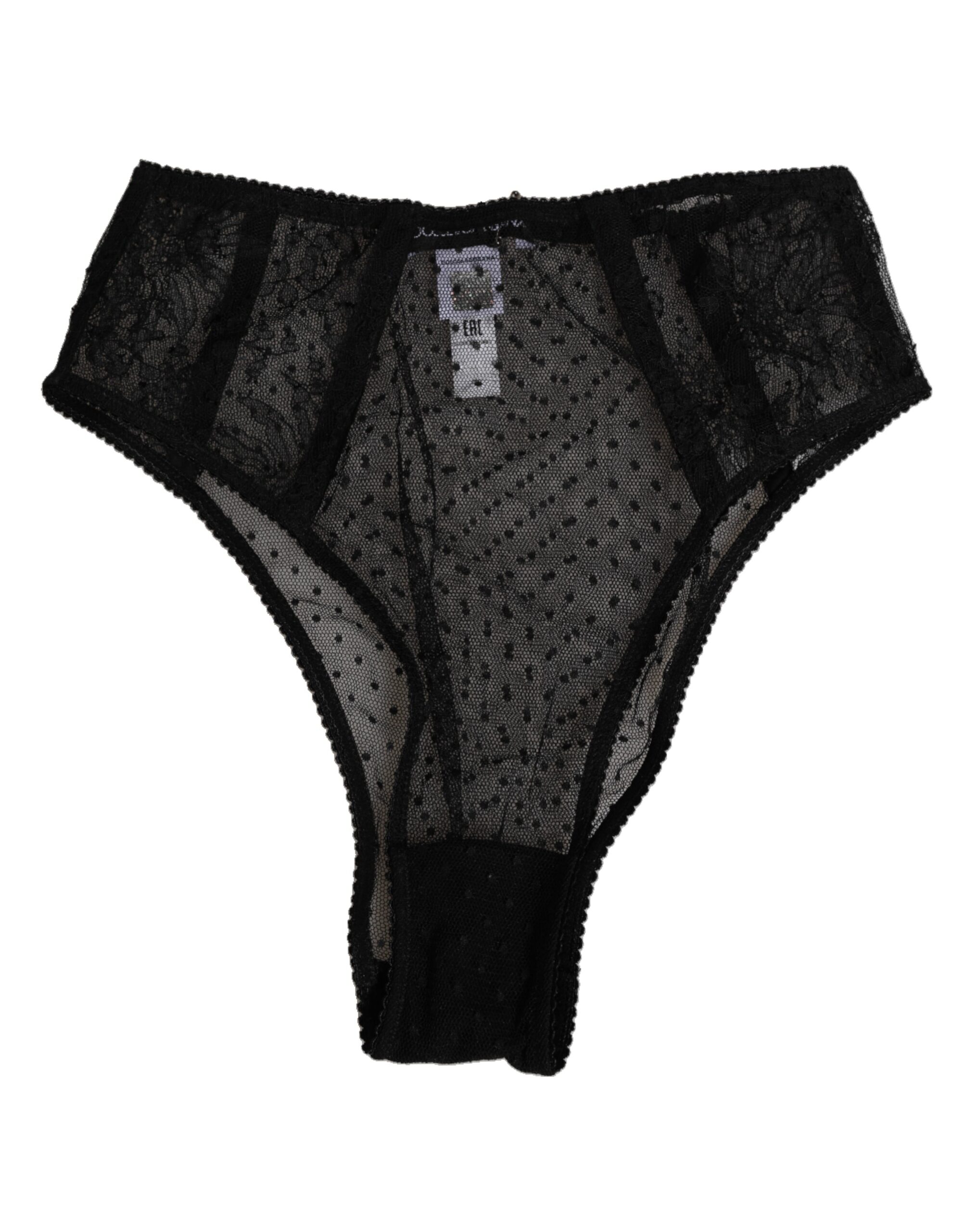 Dolce & Gabbana - Black Lace Polka Dot Mesh High Waist Underwear