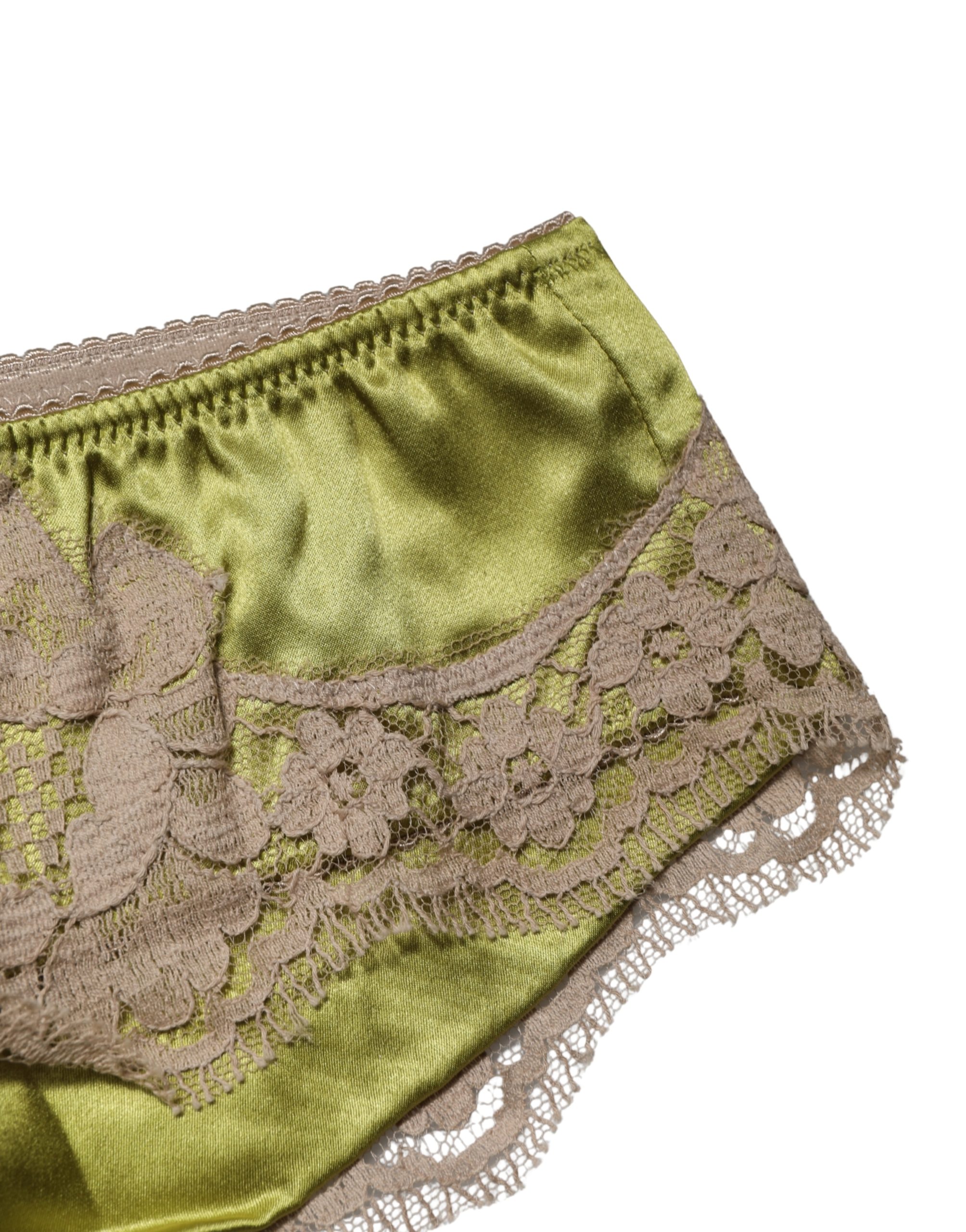 Dolce & Gabbana - Underwear Green Silk Satin Floral Lace Panty Brief