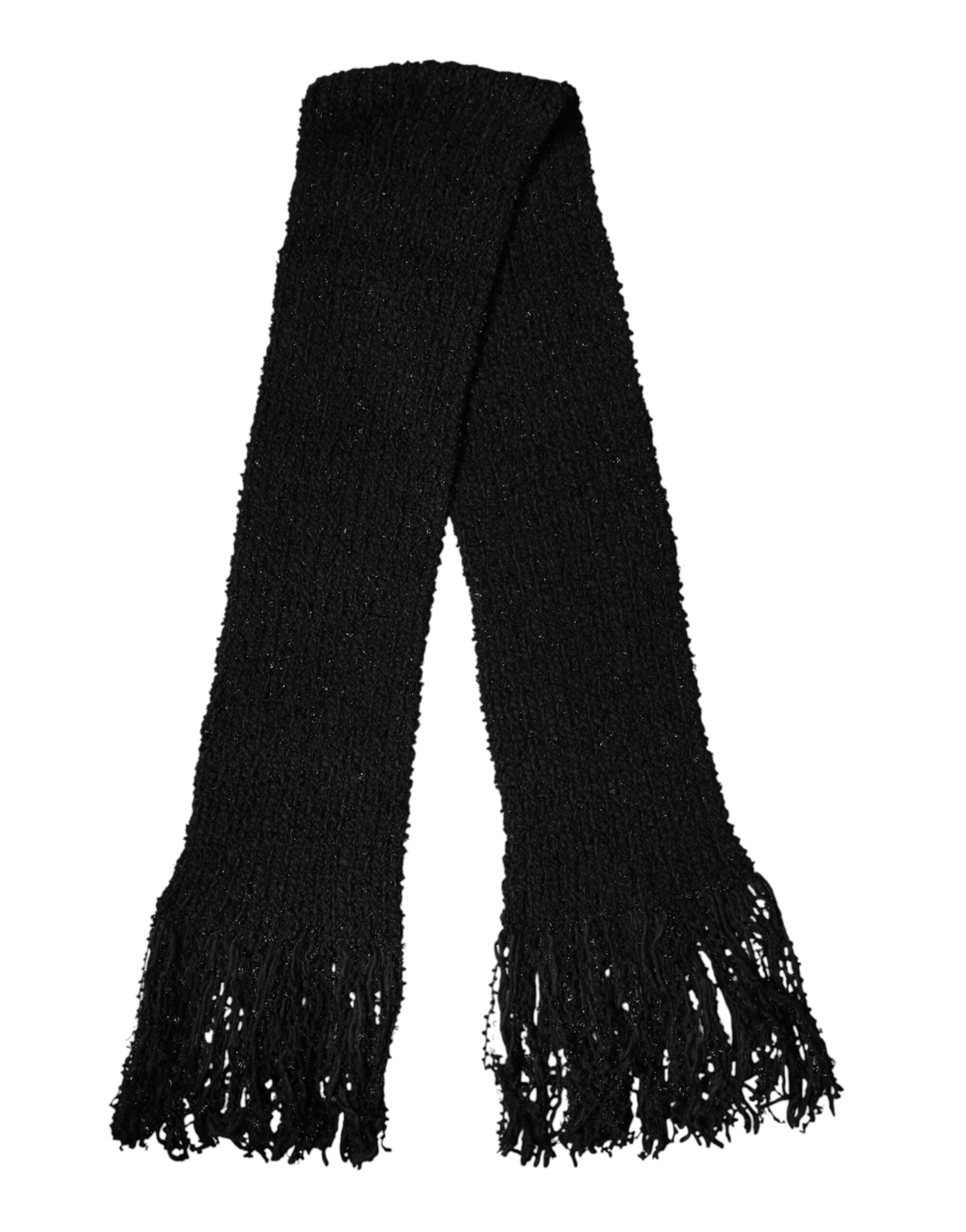 Dolce & Gabbana - Black Wool Fringes Neck Wrap Foulard Scarf